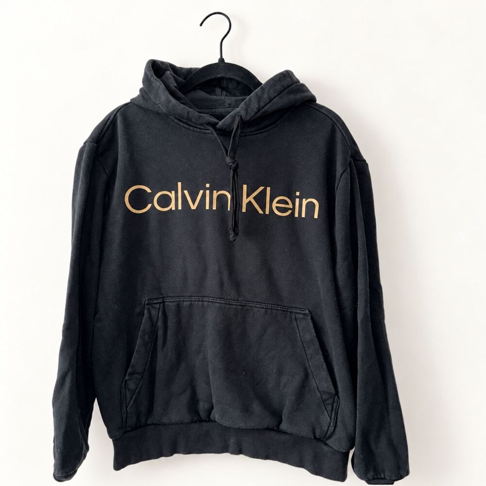 Calvin Klein Hoodie XS Washed Black Metallic Gold Logo Pullover Sweatshirt